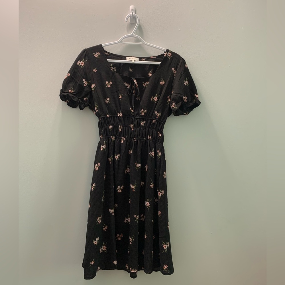 Black with Floral Print Knee Length Dress by Monteau